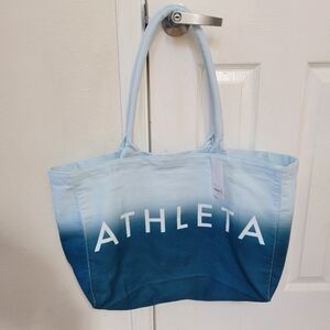 Athleta Tote Bag Blue White Ombre Dip Dye Canvas Logo Beach Gym Shopper Travel